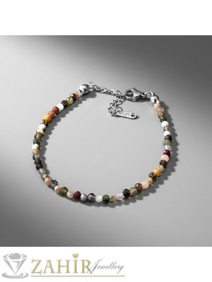 Мега яка гривна за ръка или глезен от естествен градински цветен ахат 3 мм топче фасета и стоманени елементи, закопчалка и удължител - GA3186